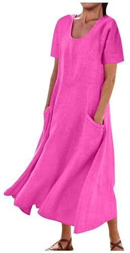 Women Summer Dresses Cotton Linen Dress Ladies Round Neck Short Sleeve Casual Long Dress with Pocket Baggy Flowy Pleated Solid Plain Oversized Dresses Holiday Party Beach Elegant 16