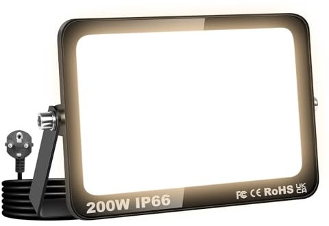 RIGIDON 200W Projecteur Exterieur led, 20000LM Spot LED Extérieur avec Prise, 3000K Blanc chaud Eclairage Exterieur Etanche lumière de Sécurité pour Jardin, Patio, Cour, Garage, Entrée,Terrasse