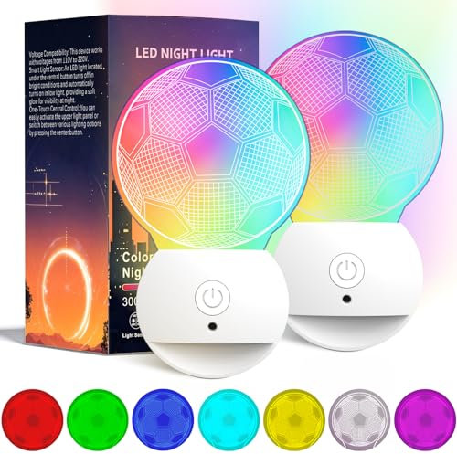 2 Stück Fußball Nachtlicht Steckdose mit Dämmerungssensor, Fussball Geschenk mit bunten lichtwechseln, 3000K Warmweiß nacht lampe. Ideal Deko für Kinder zimmer, Flur, Treppenhaus, Küche und Wohnzimmer