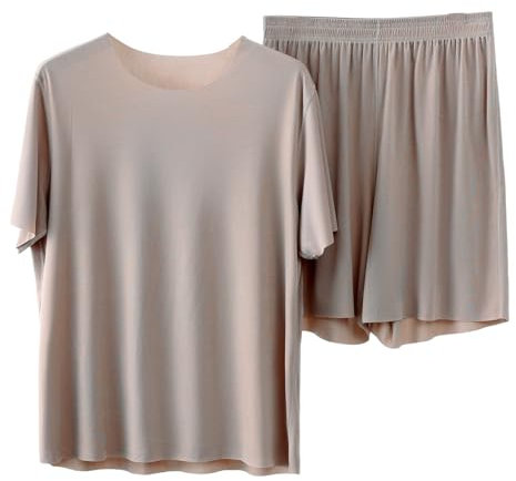 Generico Pigiama Uomo Estivo Manica Corto Girocollo Comodo Set Pigiama in Seta Ghiacciata Leggeri e Traspiranti Top Corto Loungewear e Pantaloncini Tinta Unita Camicia da Notte Abbigliamento da Casa