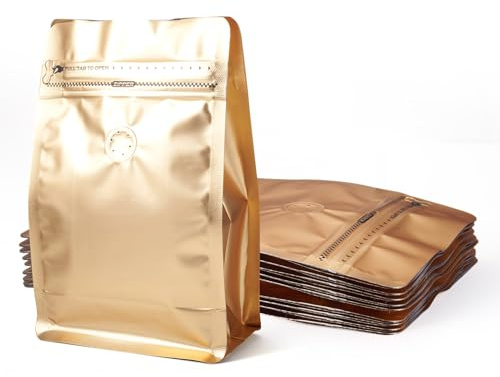 Crafans 10Pcs Coffee Beans Bags with Valve Rectangle Zipper Coffee Storage Bags Flat Bottom Standing Resealable Pouches Heat Seal Side for Candy Snake Cookies Storage, Golden