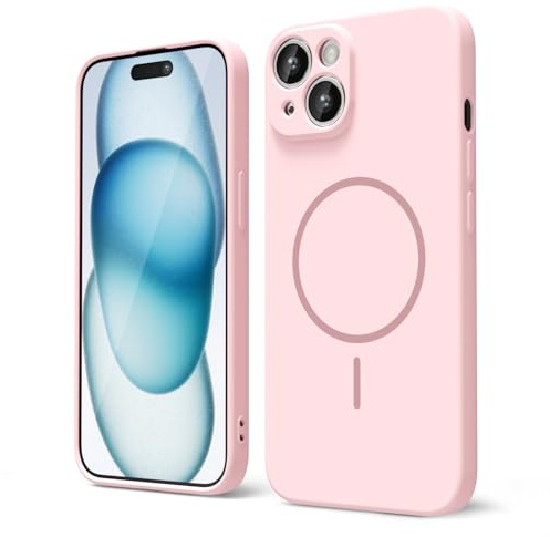 oakxco for iPhone 15 Plus/ 14 Plus Case Silicone Mag Safe, Magnetic Slim Thin Phone Case Compatible with Magsafe, Women Girls Cute Girly Aesthetic Soft Rubber Safecase with Camera Cover, Light Pink