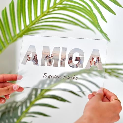 Cristal Plaque Lámparas Personalizadas AMIGA con 5 Fotos y Frase Especial – Regalo Amigas Único con Luz LED en Metacrilato y Base de Madera – Lamparas Personalizadas Decorativas