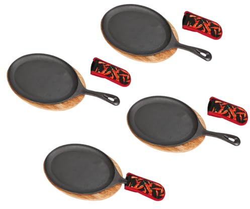 DUIBAOCHUN 4 PCS Fajita Skillet,Sizzler Plates With Wooden Base And Handle Cover,Steak Plates,Cast Iron Skillet Set,Cast Iron Plates for Home Party Eating