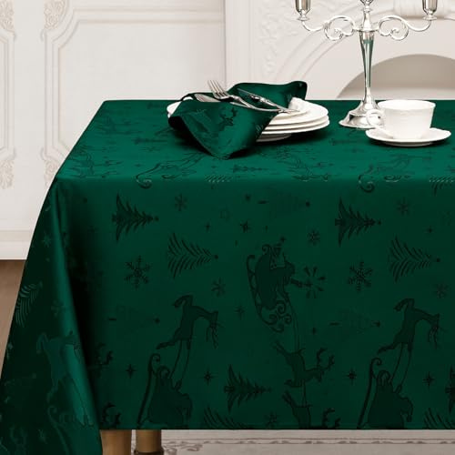 Romanstile kleine Tischdecke Weihnachten 85x85 cm grün Mitteldecke abwaschbare Jacquard Tischdecken Rentier & Weihnachtsbaum,Wasserabweisend für Ferien,Couchtisch,Restaurant,Küche,Christmas,Fest