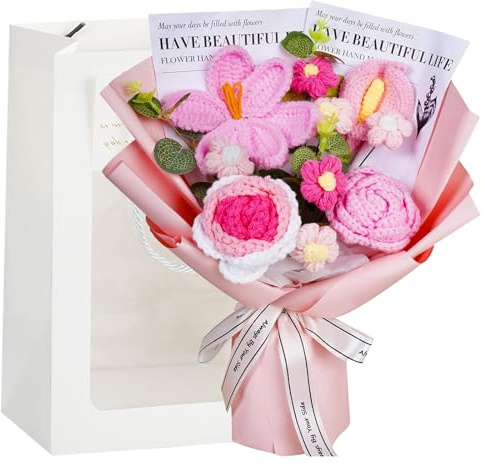 ELLECILA Crochet Flowers Bouquet Knitted Flower Bouquet, Artificial Crochet Flower Bouquets, Handmade Knitted Flowers for Anniversary Birthday Party Graduation Home Decoration (Pink)