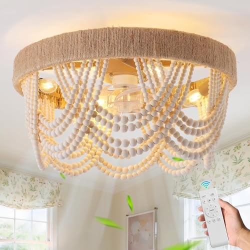 LYSDjia Boho Deckenventilator mit Licht bündige Montage Küstenperlen Fandelier Deckenventilatoren mit Lichtern und Fernbedienung geschlossener Käfig mit 6 Geschwindigkeiten Schlafzimmer Kinderzimmer