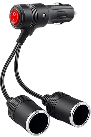 1 a 2 Cable Extensión Mechero Coche, Alargador Mechero con Interruptor 12V/24V 15A, Doble Divisor Encendedor 2 vías Cigarrillos con Fusible 18AWG para Coche, Camión, Barco (Negro 15cm)