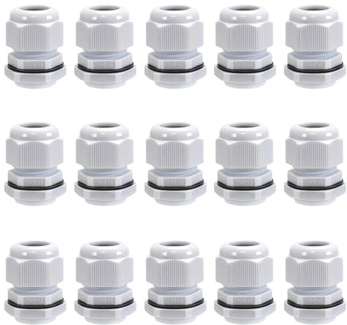 15 Pack M20 20mm IP68 Waterproof Black Cable Glands, Nylon Cord Grip Connectors with Locknut & Washer, Suitable for 6-12mm Cables, Strain Relief Grommets for Outdoor Electrical Wiring Junction Boxes