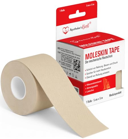 Apotheker’s Best® Moleskin Tape Blasenpflaster & Druckschutz Rolle 5cm x 5m | Pflaster gegen Reibung, groß zuschneidbar, extra starker Halt, für Kinder & Erwachsene, Medizinprodukt Rolle