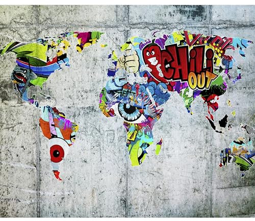 decomonkey Fototapete Graffiti 300x210 cm XXL Design Tapete Fototapeten Vlies Tapeten Vliestapete Wandtapete moderne Wand Schlafzimmer Wohnzimmer Jugendzimmer Weltkarte