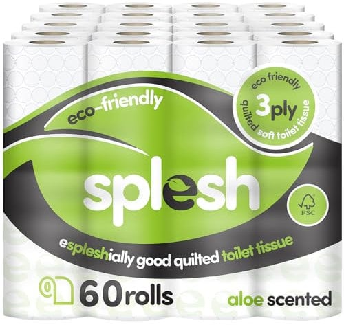 Splesh by Cusheen 3-ply Toilet Roll - Aloe Vera Fragrance (60 Pack) Soft, Quilted Bulk Toilet Rolls, Toilet Tissue and Loo Rolls – Eco-Friendly Toilet Paper Sustainably Crafted in The UK
