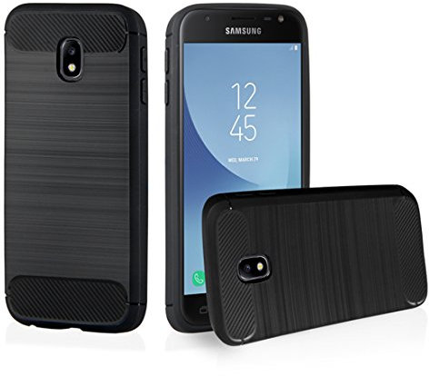 wortek Hülle, kompatibel mit Samsung Galaxy J3 2017, Hülle Brushed Carbondesign Schutzhülle Carbonstyle TPU Silikon Kamera-Schutz elastisches Case Bumper gebürstet und matt Schwarz Handyhülle