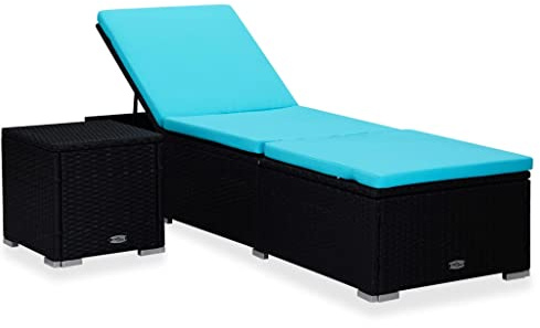 Owoxanthellate Sonnenliege mit Teetisch 195x60x31 cm Schwarz Blau Poly Rattan wetterfest verstellbare Chaiselongue für Garten Balkon Terrasse