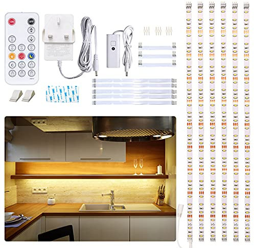 WOBANE Dimmable Under Cabinet Kitchen Lights,6 x 50cm Cupboard Lighting with Remote Control,Warm White Under Counter LED Strip Light for Shelf,Unit,Closet,1500lm,12V Adapter
