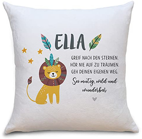 OWLBOOK Löwe Boho Flauschiges Kissen mit Füllung Personalisiert mit Namen Geschenke Geschenkideen zur Einschulung für Mädchen oder Jungen zum Geburtstag