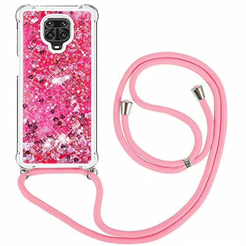 FMPCUON Coque Xiaomi Redmi Note 9S/Note 9 Pro Glitter Liquide Collier pour Téléphone Portable avec Cordon -Lanyard Paillettes Flowing Sand Silicone Gel TPU Housse avec Smartphone Collier Étui, Or Rose