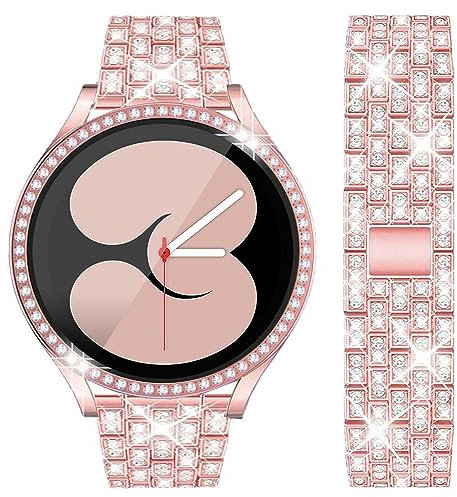 DEALELE Armband und Gehäuse Gehärtetem Glas Kompatibel mit Samsung Galaxy Watch FE / 5/4 40mm, 20mm Glitzer Diamant Metall Armbänder mit Schutzhülle mit Displayschutz für Damen Herren (Pink)