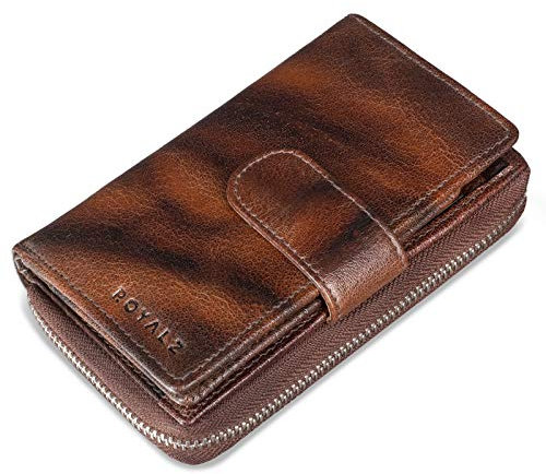 ROYALZ 'Dominica' Vintage Leder Geldbörse Damen Groß viele Fächer 18 Kartenfächer RFID Blocker Portemonnaie viele Fächer Brieftasche XXL, Farbe:Azorra Braun