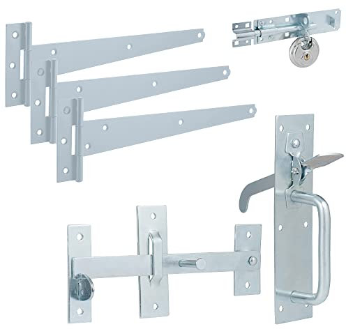 XFORT Premier Suffolk Gate Latch Pack Zinc Complete with Three T Hinges (300mm), One Brenton Bolt (6 inch) and One Discus Padlock (60mm), Gate Kit for Hanging Garden Door, Gate Fitting Kit