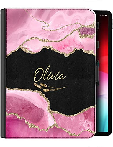 Personalised Initial Case For All Apple iPad Models 10, 9, 8, 7, 6, Air 11, Pro 12.9,13 inch, Mini, Gold Colour Print Feather & Pink Black Marble with Name, 360 Swivel PU Leather Side Flip Folio Cover