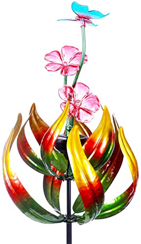 Solar Schmetterling Tulpen 69 Zoll Windfänger für Hof kinetisches Windspiel mit Gartenstecker, 360 Grad drehbarer Schmetterling Tulpen Outdoor Windskulptur Spinner Metall Windmühle Kinetic Garten