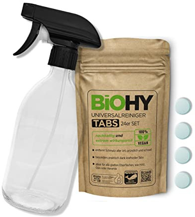 BiOHY Universalreiniger Putzmittel Tabs (24er-Set) + Glas Sprühflasche | nachhaltige Allzweck-Tabletten zum Auflösen | Haushaltsreiniger | mikroplastikfrei | Küchen-, Bad- & Glasreiniger