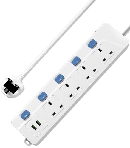 Xzmzbxzb 2M Extention Lead with USB Slot and Individual Switches 13A 4 Gang Plug 2 USB (2.4A) Surge Protection Extension Cord for Home, Office, Hotel, Dorm