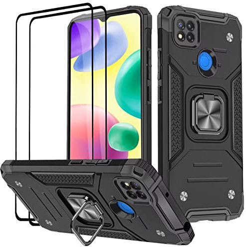 KANSi Coque pour Xiaomi Redmi 10A / Redmi 9C, Verre Trempé [2 Pièces] + Housse TPU Silicone Rotation 360° Aimant Anneau Support Double Défense Protection Etui - Noir