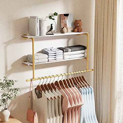 unho Kleiderstange zur Wandmontage, Wandgarderobe mit 2 Ablage im Industrierohrstil, Wandgarderoben für Schlafzimmer Wohnzimmer, Gold