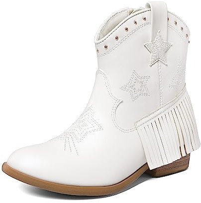 DREAM PAIRS Kids Stivaletti Western Cowboy Ragazze Scarpe Equitazione Cerniera Laterale e Nappa per Bambini Piccoli/Grandi Stivali,Size 36,Bianco,SDBO2302K