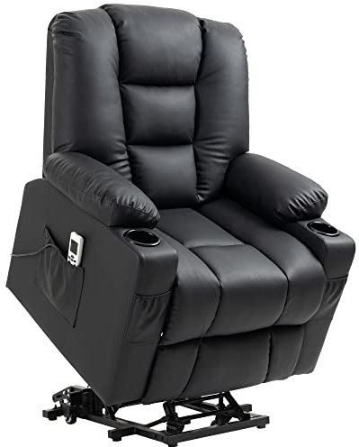 HOMCOM Fernsehsessel mit Aufstehhilfe Elektrisch Relaxsessel mit Massagefunktion, USB, Liegefunktion, Massagesessel mit Fernbedienung, Becherhalter, Seitentasche, Fußteil, Rollen, Schwarz