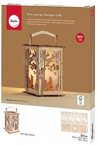 Rayher Holz Laterne Wald, mit Griff, 15,3 x 15,3 x 26,5 cm, Holzbausatz 23tlg, Windlicht, für LED-Kerze, Lichterkette, Holz FSC zertifiziert, 64030505, Natur