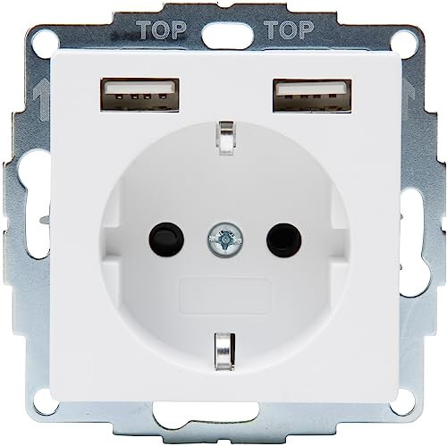 Kopp Athenis Schutzkontakt-Steckdose, 1-fach mit 2 x USB Ladebuchsen, 16A, 250V~, Ausgangsstrom der Ladebuchsen max. 2400mA/5V, IP20, arktis-weiß, matte Oberfläche, 296232080
