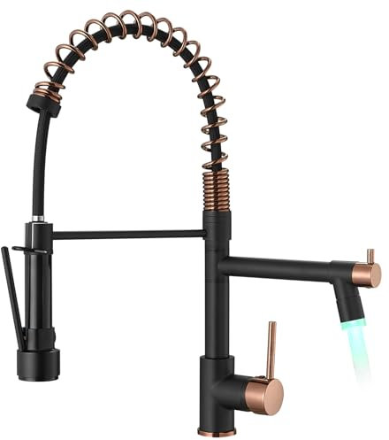 AIMADI LED Wasserhahn Küche Küchenarmatur 360° Schwenkbar mit Spiralfeder Herunterziehen Brause Armatur Küche mit Zwei Auslauf Hochdruck Mischbatterie Küche Spültischarmatur Schwarz Roségold