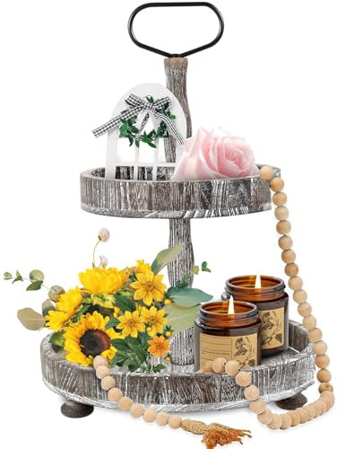 Fall Food Tray 2 Tier Wood Cake Display Stand Decor Farmhouse Fruit Serving Dessert Tray with Metal Handle Detachable Afternoon Tea Cupcake Stand Holder for Wedding Birthday Thanksgiving(Brown)