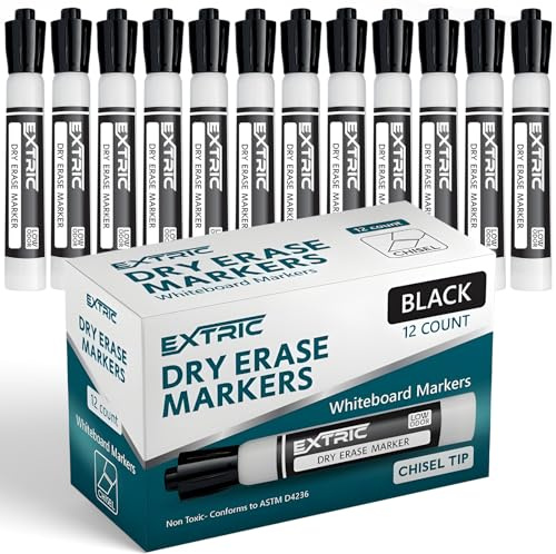EXTRIC Black Dry Erase Markers 12 PK Whiteboard Marker Chisel Tip