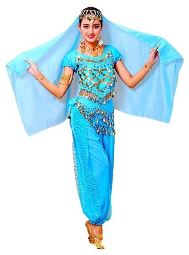 Hibasing Bauchtanz Kostüm Bauchtanz Set Indische Tanzkleidung 4 teiliges Set 3 Größen Oberteil & Hose & Taillenkette & Kopfkette Kopftuch, 6 Farben