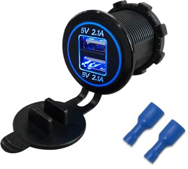 Dickno Dual USB Charger Socket, Waterproof 2.1A & 2.1A Fast Charge Dual Port Outlet, USB Cigarette Lighter Socket with Lid, Universal Fit for 12V/ 24V Car Boat RV ATV Bus Truck (Blue)