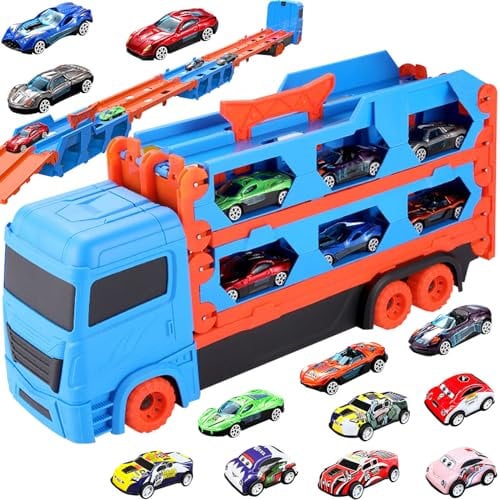 Transport Truck Toys Cars for Boys Ages 3 4 5 6, Portable Car Transporter Toy, Double-Layer Foldable Race Track Truck with 6 Race Cars, 6 Pull Back Cars, Carrier Truck Toys Set for Kids Boys Girls