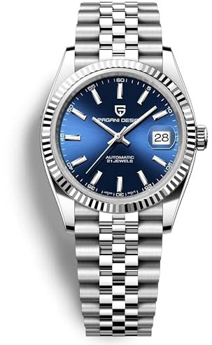 Pagani Design PD1645 Herrenuhr 42MM Herren Automatikuhr Japan NH35 A Automatikwerk 100M Wasserdicht, Edelstahl, Saphirspiegel, Sport Business Uhr. (Silber Blau)