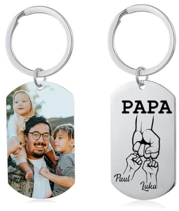 kaululu Porte Clef Personnalisable Photo Porte Clé avec Prenom Grave for Homme Porte-clés Papa en Acier Inoxydable avec Nom de Famille pour Homme Cadeau Fête Des Pères (Photo&nom 2)