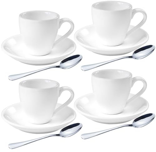homEdge Lot de 4 tasses à expresso en porcelaine avec soucoupes et cuillères en acier inoxydable – 80 ml – Blanc