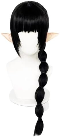PWEINCY Schwarze geflochtene Schattenherz Cosplay Perücke mit Ohren Frauen Langer Zopf Synthetikhaar für Halloween Kostüme Party Rollenspiel