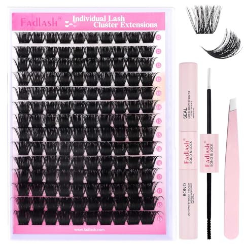 Fadlash Kit Pestañas Postizas Individuales 0.07 D 12-18mm 200D DIY Pestañas Kit de Extensión De Pestañas de Pegamento y Sellado Pinzas Racimo Suaves Pestañas para Diy en Casa