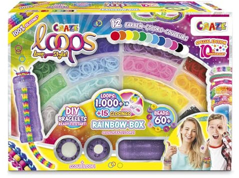 CRAZE loops Rainbow Box - Regenbogen Loom Bänder Set mit 1000 Gummibänder zum Basteln - Halsketten, Ringe und Armbänder selber machen