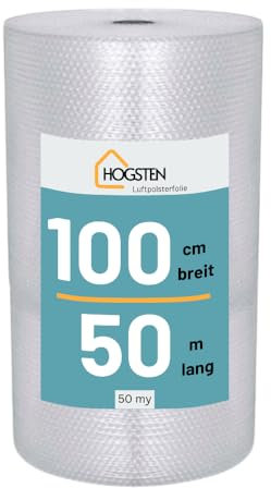 HOGSTEN Luftpolsterfolie Rolle 50m x 100cm - Noppenfolie für Versand, Verpackung und Umzug -100% recycelbar - Bubble Wrap Polstermaterial Verpackungsmaterial 50my (1m x 50m)