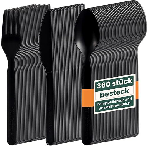 HAAGO 360-tlg. PLA-Besteck-Set Biologisch Abbaubar Kompostierbar (60x Messer, 60x Gabeln, 60x Löffel) - Umweltfreundlich Ideal für Catering & Hochzeiten - Schwarz