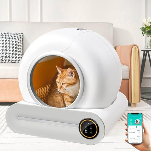 Aredwhiterui Bac À Litière Autonettoyant pour Chat 65L+9L, Bac À Litière Intelligent À Contrôle par App, Bac À Litière Anti-Odeurs pour Plusieurs Chats, Sacs Poubelle Inclus