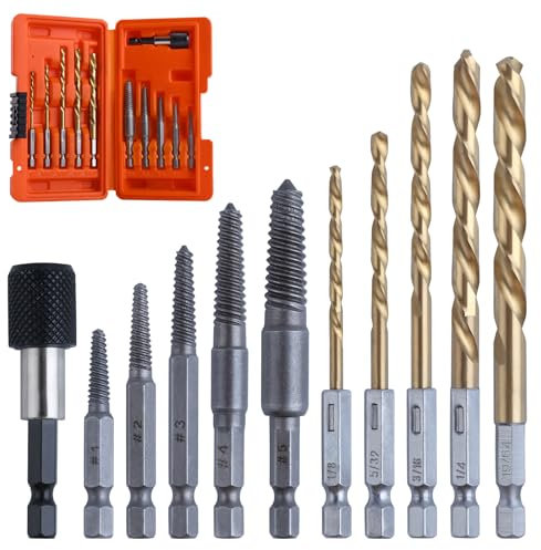 LEONTOOL 11Pcs Easy Out Screw Extractor Set, Titanium Coating Left Hand Drill Bit and Bolt Extractor Kit with 1/4 Adaptor, Reverse Drill Bit Extractor Set for Rusted Rounded Damaged Nuts Screws